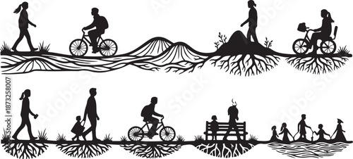 Silhouette illustrations of people walking and cycling in nature