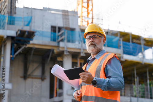 Fotografija A construction supervisor in a safety vest and hard hat is observing the site, h
