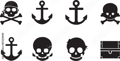 Collection of pirate skull and crossbones anchors and treasure chest icons on white background vector