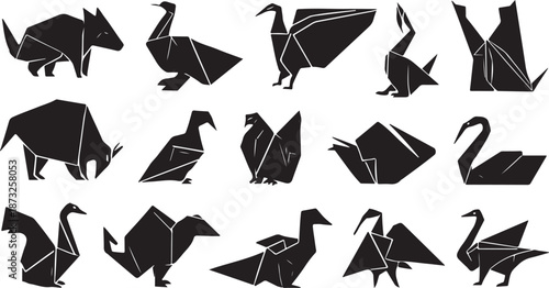 Collection of origami animal silhouettes including dogs birds swans and foxes on a white background