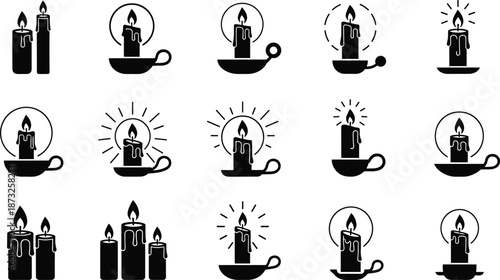 Candle silhouettes collection, burning wax icons, spiritual light symbols, black isolated illustration set