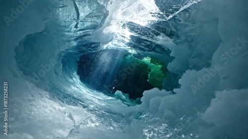 Looking up through a natural ice cave opening from underwater with dramatic sunlight beams illuminating clear glacial water for extreme nature concept and arctic exploration