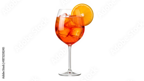 Aperol Spritz cocktail with ice cubes and a fresh orange slice, isolated on white or transparent background, perfect for summer drinks, bar menus, and lifestyle visuals. PNG format.