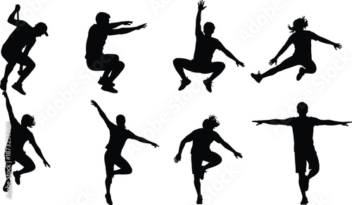 Jumping people silhouettes collection, dynamic human poses, active motion figures, black isolated illustration set