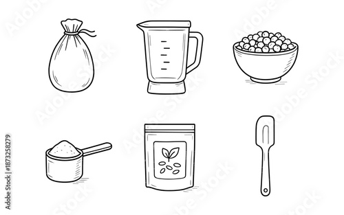Hand-drawn icons of kitchen tools and ingredients for healthy food preparation