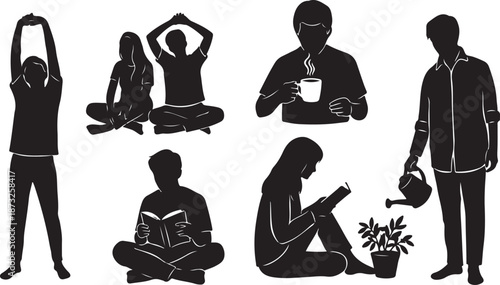 Silhouettes of people engaging in various daily activities together