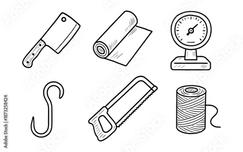 Set of butcher shop tools and supplies in a simple line art style