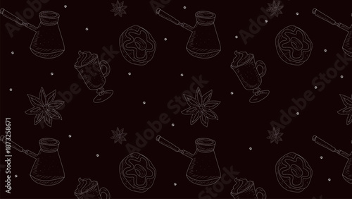 Seamless Coffee Pattern with Hand Drawn Cups, Cezve and Spices on Dark Brown Background