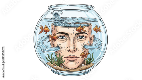 Surreal illustration of a human head inside a fishbowl filled with water and goldfish, symbolizing mental state.