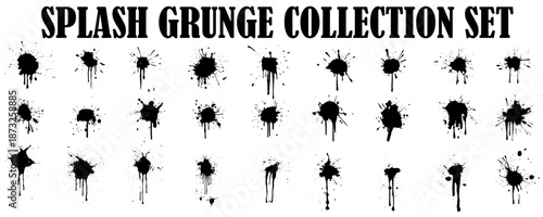 Set of black ink grunge splatter, drop, and blot vector design elements, illustration, and texture patterns. Vector illustration. Isolated on white background.