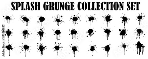 Set of black ink grunge splatter, drop, and blot vector design elements, illustration, and texture patterns. 