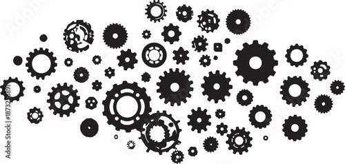 Scattered Black Silhouette Gears and Cogs of Various Sizes and Designs on White Background mechanical