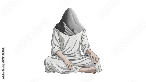 A person in white robes sits cross-legged with their head covered by a grey and black veil, appearing contemplative.