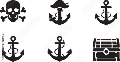 Set of pirate themed icons featuring skull and crossbones anchors and treasure chest on white background