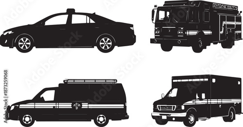 Silhouette collection of emergency service vehicles including police car ambulance fire truck and van Keywords: police car ambulance fire truck van emergency vehicle silhouette black and white