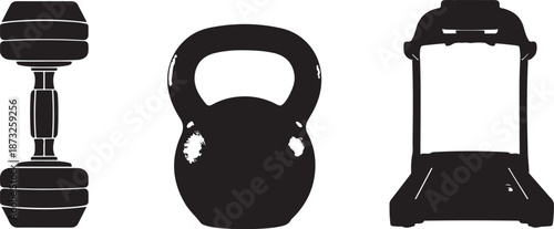 Silhouette of Dumbbell Kettlebell and Weightlifting Machine on White Background Keywords: dumbbell, kettlebell, weightlifting, fitness, exercise, gym, workout, strength training, equipment, sport