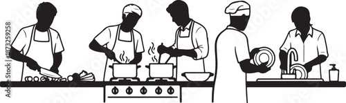 Silhouette of diverse kitchen staff working together in harmony