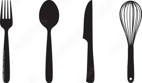 Silhouette of Kitchen Utensils Fork Spoon Knife and Whisk on a White Background vector illustration