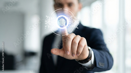 a businessman pressing the globe icon button. Digital technology communication. Transparent interface computer dashboard