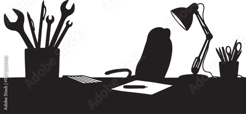 Silhouette of a workspace with tools and office supplies