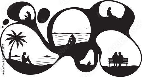 Silhouette of people in various relaxing summer vacation scenes