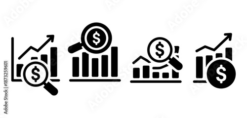 Financial analysis and growth vector icons: monitoring money and market trends