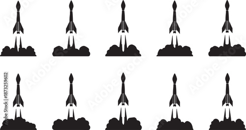 Ten black silhouette icons of rockets launching with smoke plumes on a white background space spaceship