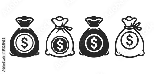 Collection of black and white money bags with dollar signs for finance and wealth concepts