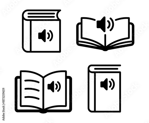 Collection of audiobook icons featuring various book and speaker symbol designs