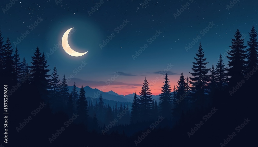 Fototapeta premium Illustration of forest under night sky with stars and crescent moon. Evening coniferous trees create moody woodland scene. Dark nature landscape offers tranquil, mystical view with peaceful woods.