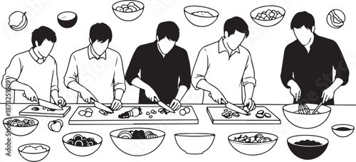People preparing food in a kitchen together illustration style