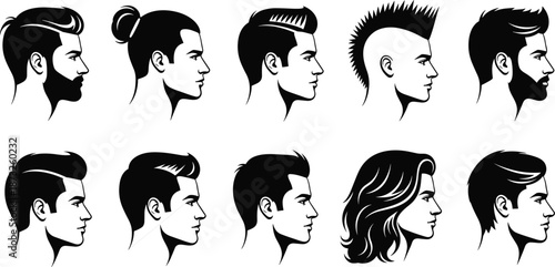 Male hairstyle silhouette set in profile view, black and white vector for grooming, fashion, barber, and character design