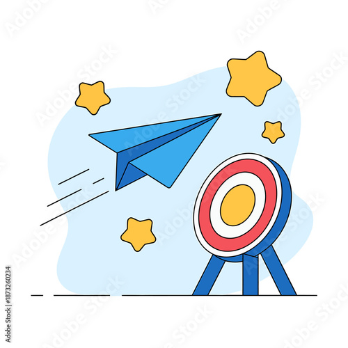 Paper airplane aiming at target with stars background