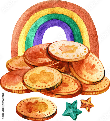 Принти на полотні Festive watercolor illustration of a heap of golden coins set against a vibrant rainbow and sparkling stars