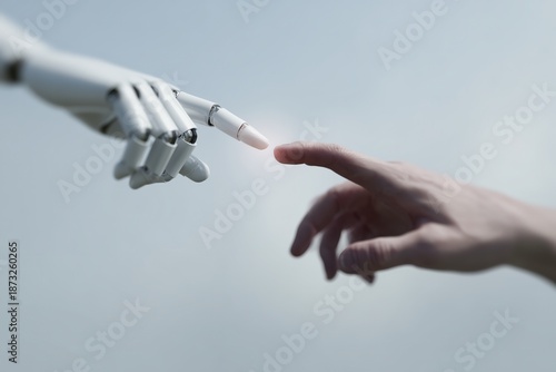Robot finger and human finger about to touch, symbolizing AI and humanity connection