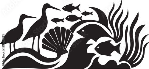 Black and White Oceanic Silhouette with Sea Creatures and Birds