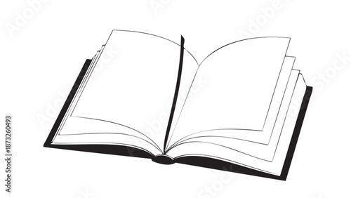 Minimalist graphic illustration of an open book with blank pages and a bookmark, symbolizing knowledge, education, storytelling, and the journey of literary exploration