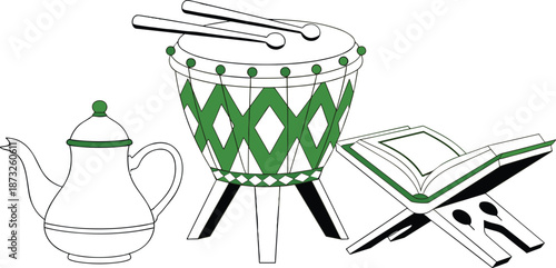 Islamic Ritual Icon Set Featuring a Minimalist White Bedug Drum with Green Accents an Open Holy Quran on a Wooden Stand and a Traditional Teapot for Ramadan and Eid Celebrations Vector Art