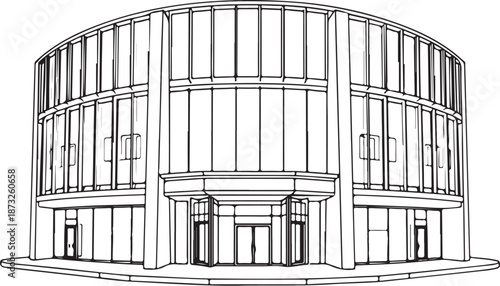 Shopping Mall Building Hand-drawn Sketch Drawing Vector Illustration, Line Linear Symbol Engraving Coloring Book, Black and White Isolated