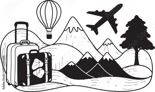 Travel and adventure illustration with mountains and luggage icons