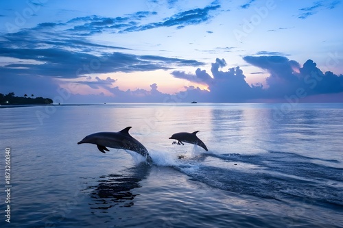 two  jumping dolphins,beautiful seascape with deep  ocean  waters and cloudscape