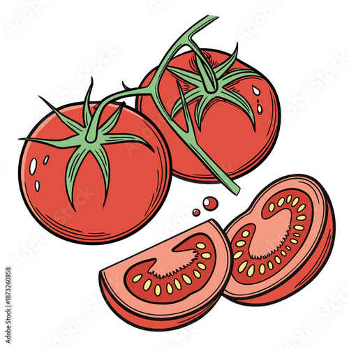 Tomatoes on vine with sliced tomato green stem