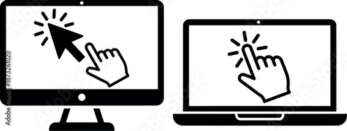 Clicking on computer and laptop screen with hand cursor