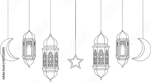 Minimalist Islamic Decorative Border Featuring Four Hanging Lantern Outlines with Crescent Moons and a Central Star for Ramadan Kareem and Eid Mubarak Line Art Vector Illustration