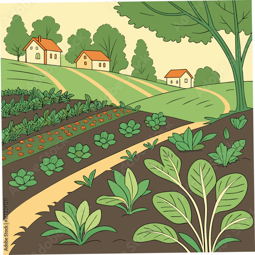 Cartoon vegetable garden with houses and trees in background