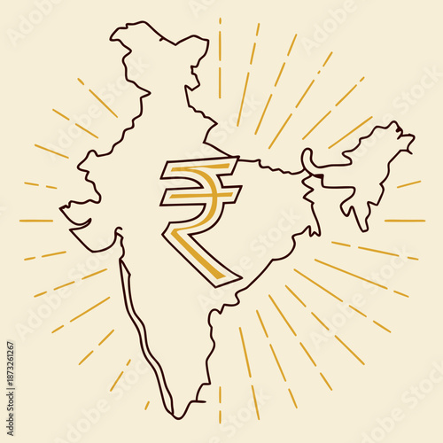 India map outline with golden rupee symbol and sunburst lines