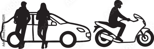 Silhouettes of people with car and motorcycle in motion