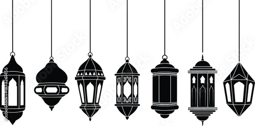 Collection of Seven Hanging Islamic Lantern Silhouettes Featuring Diverse Traditional Designs and Ornate Arabic Patterns for Ramadan Kareem Eid Mubarak and Muslim Festival Vector Art