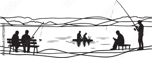 People fishing at a serene lake with mountain view