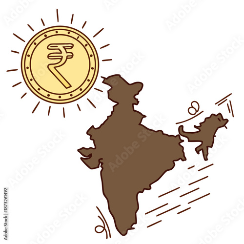 Golden rupee symbol beside brown india map indian map